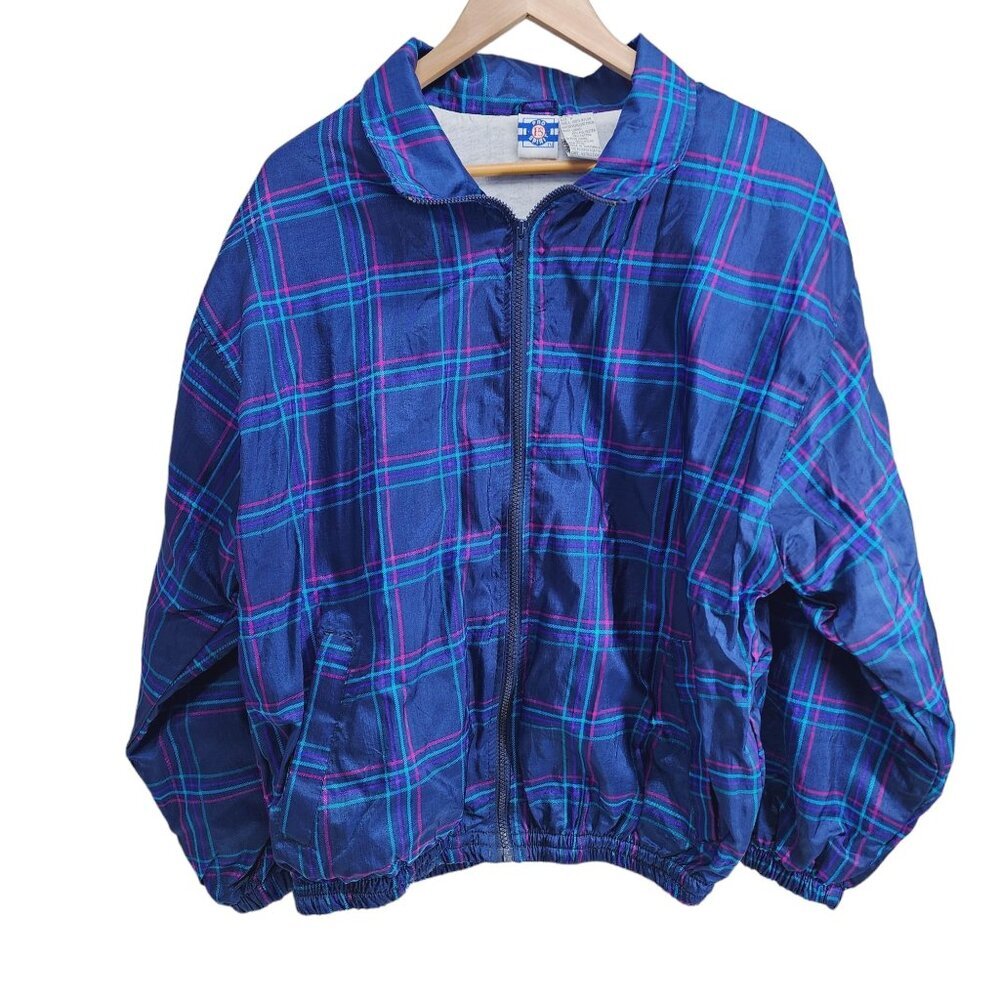 Pro Spirit Windbreaker Jacket Women Medium Navy Plaid Vintage 90 Water Repellent